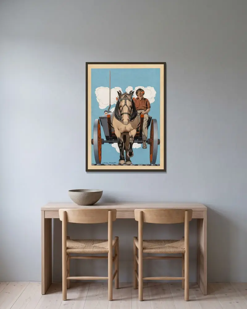 Man ridande på en hästskjuts av Coles Phillips inramad på en vägg