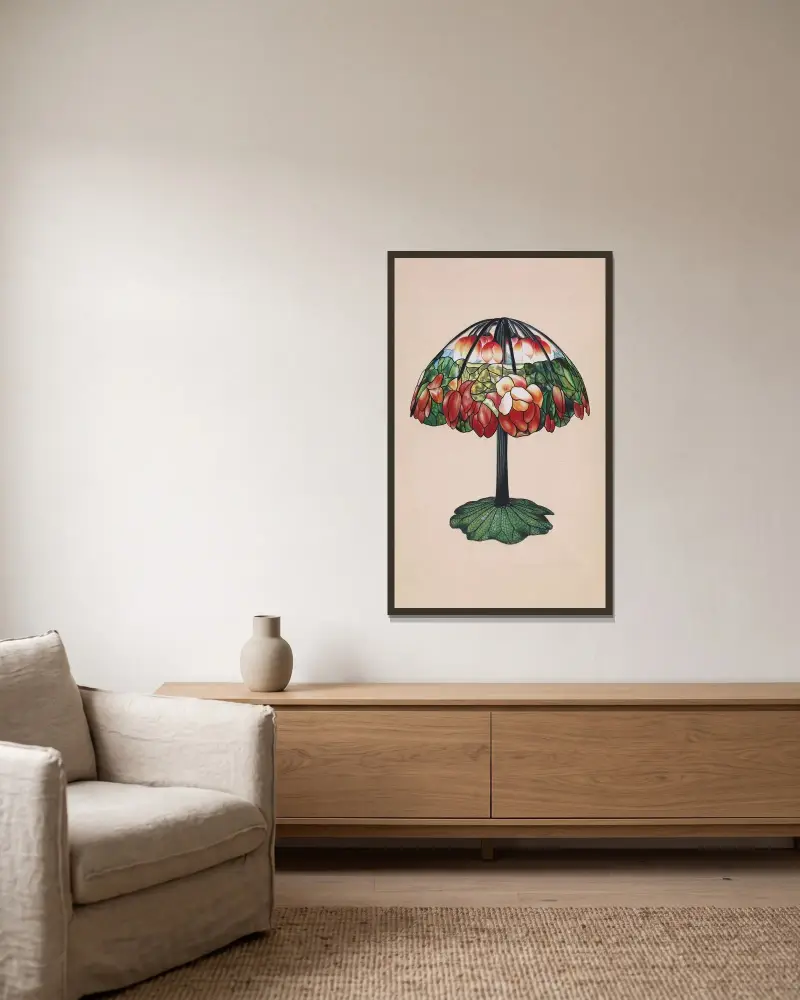Design for a Lamp av Louis Comfort Tiffany inramad på en vägg