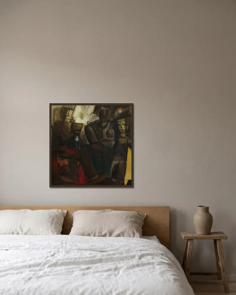 Boerengezin met kat av Constant Permeke inramad på en vägg