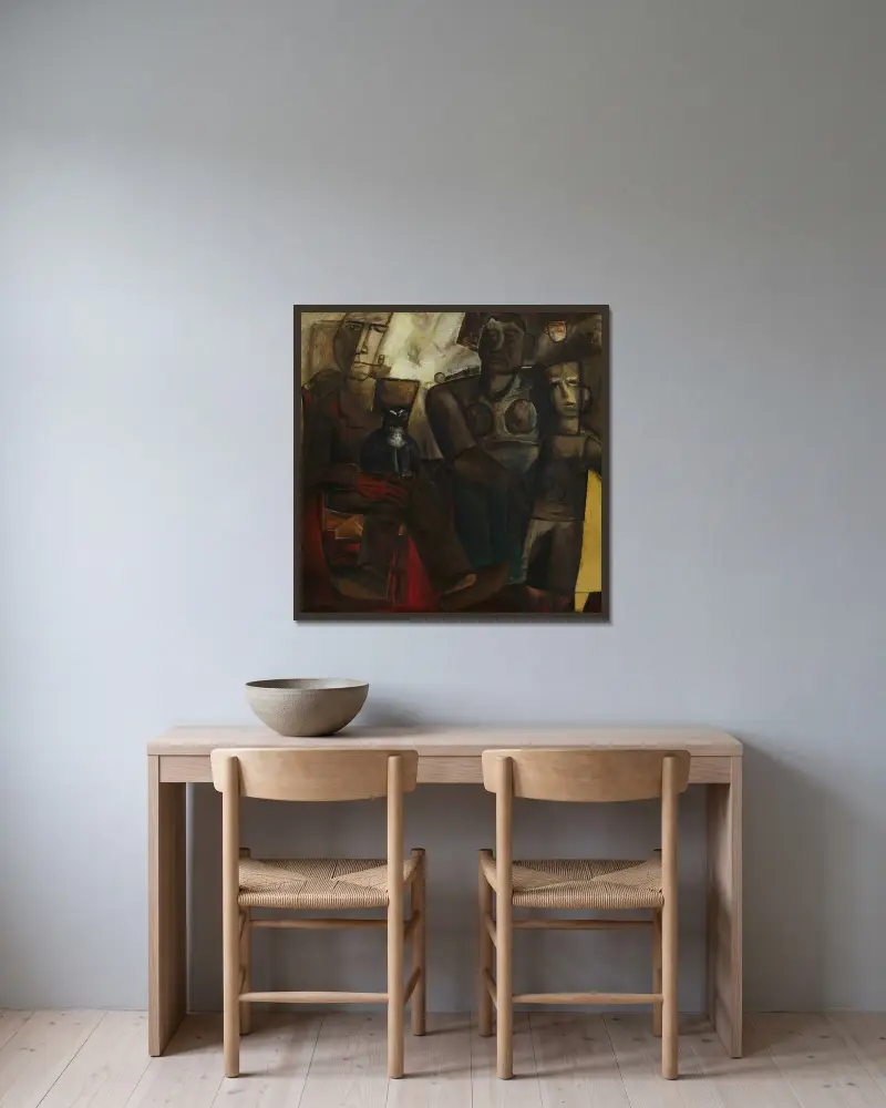 Boerengezin met kat av Constant Permeke inramad på en vägg