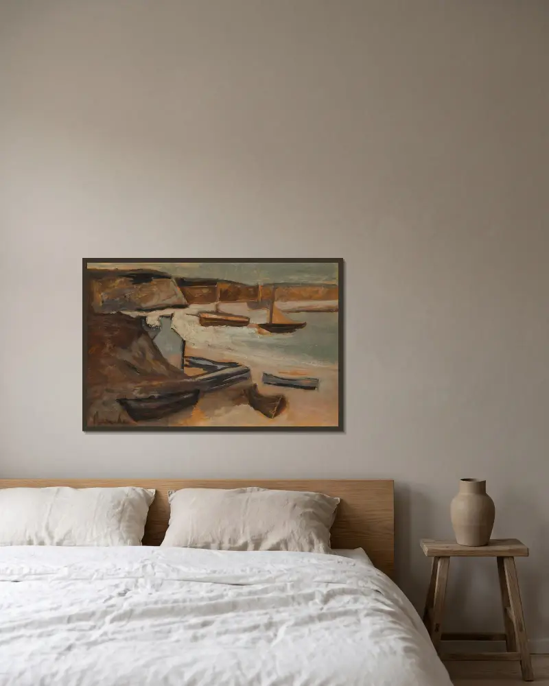 Strand mit Booten von Constant Permeke gerahmt an einer Wand