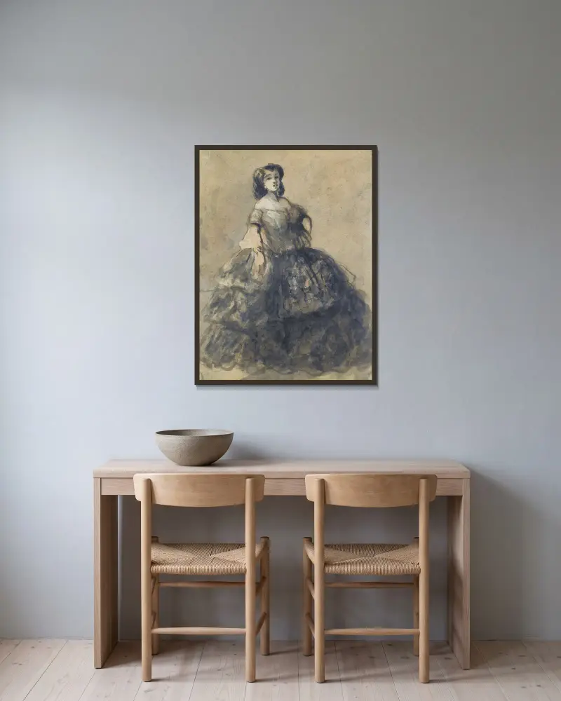 Jeune femme en crinoline av Constantin Guys inramad på en vägg
