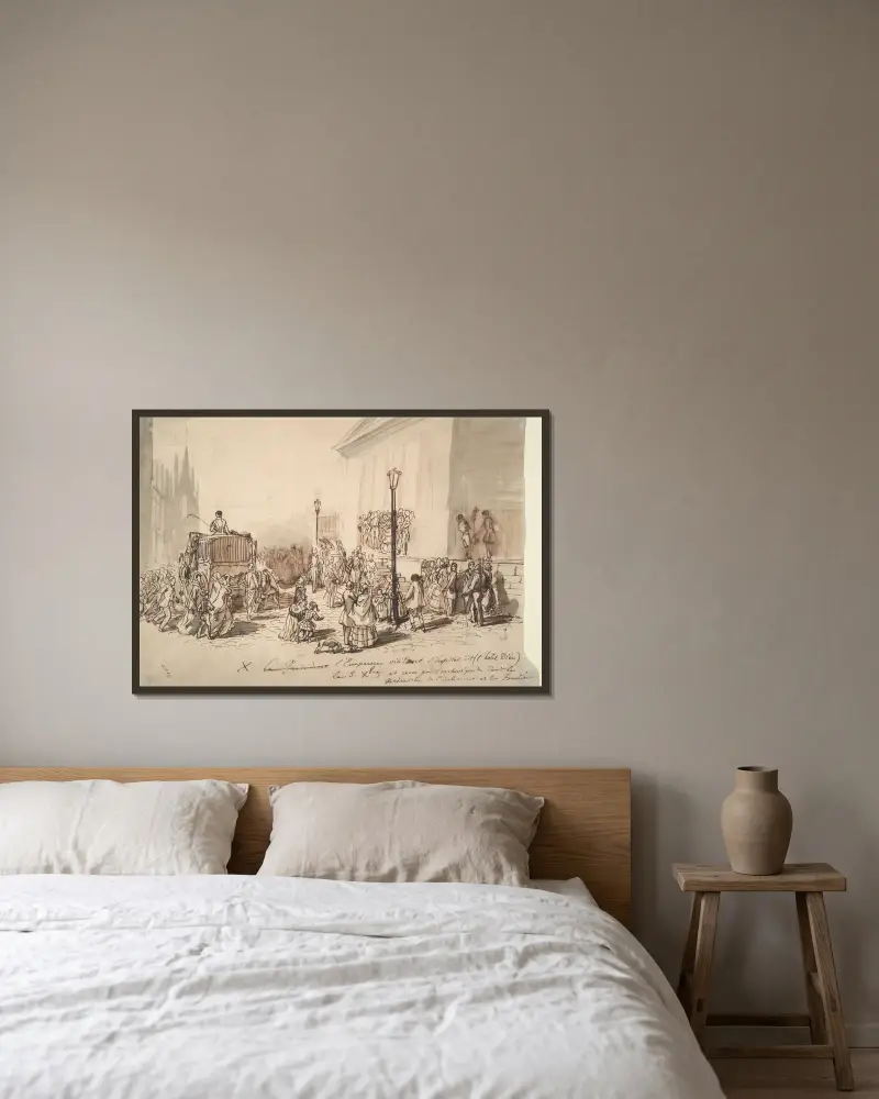 Mottagandet av kejsar Napoleon III på Hôtel-Dieu av Constantin Guys inramad på en vägg