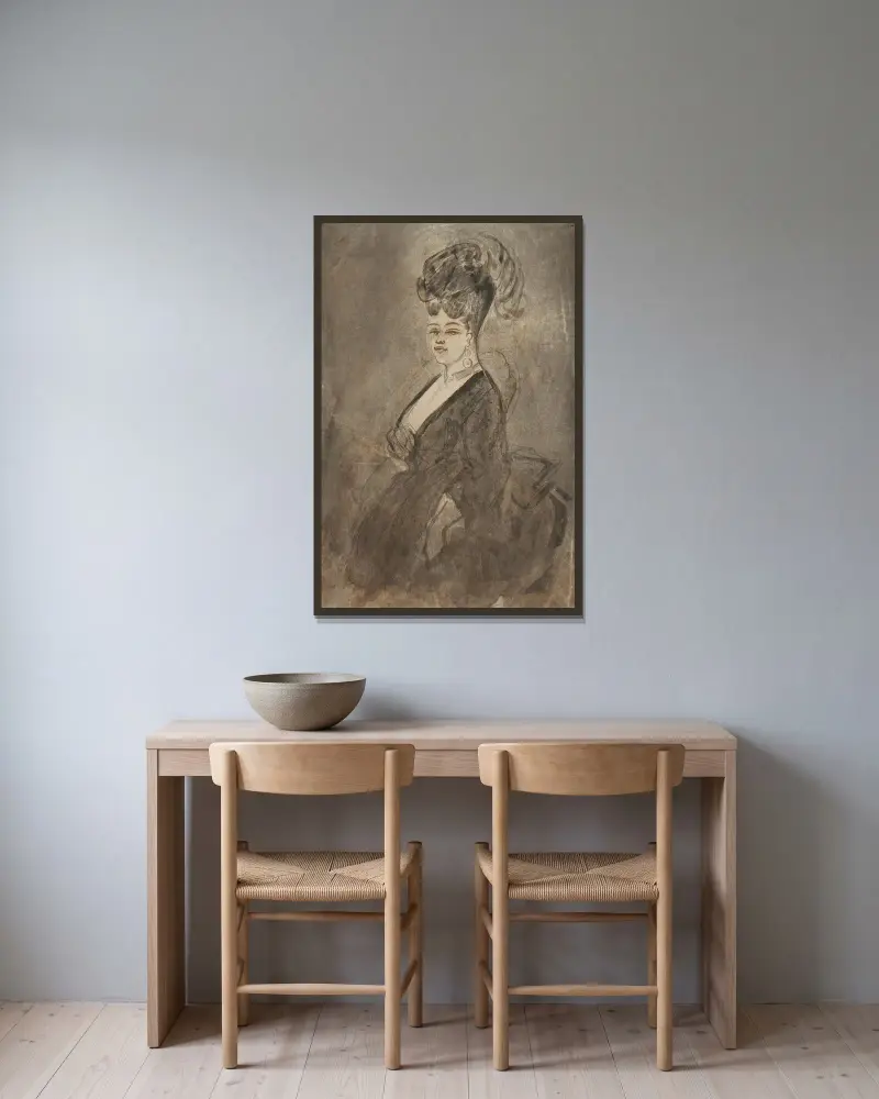 Porträtt av en kvinna i trekvartsfigur av Constantin Guys inramad på en vägg