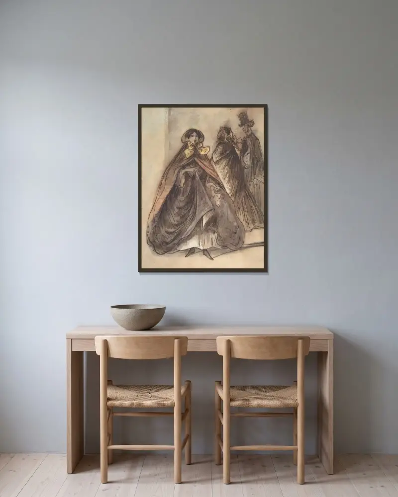 Två kvinnor och en man med hög hatt och monokel av Constantin Guys inramad på en vägg