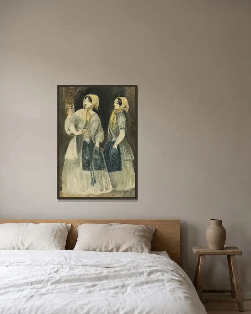 Två kvinnor i gula huvuddukar av Constantin Guys inramad på en vägg