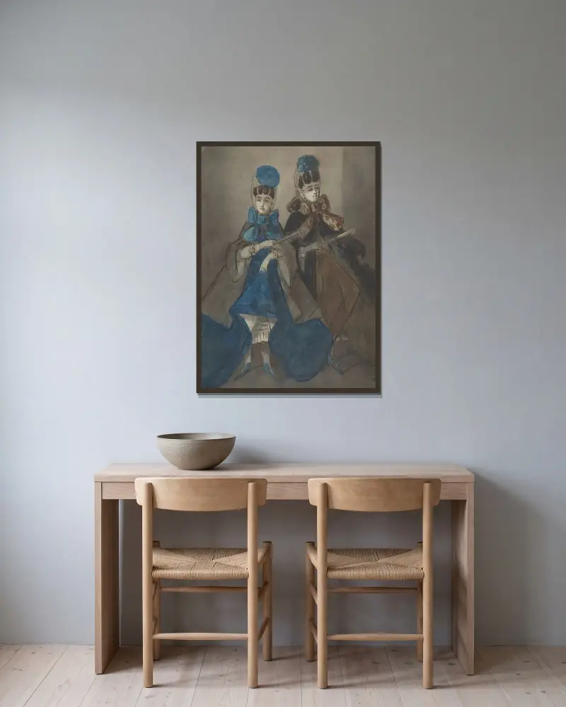 Två kvinnor med solfjädrar av Constantin Guys inramad på en vägg
