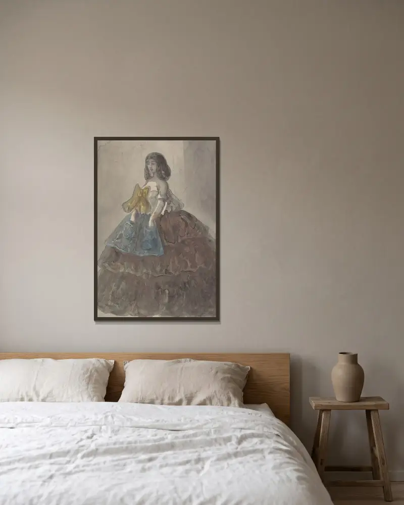 Kvinna i trappad klänning med stor rosett av Constantin Guys inramad på en vägg
