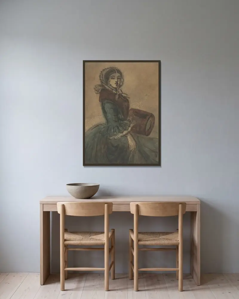 Kvinna med muff av Constantin Guys inramad på en vägg