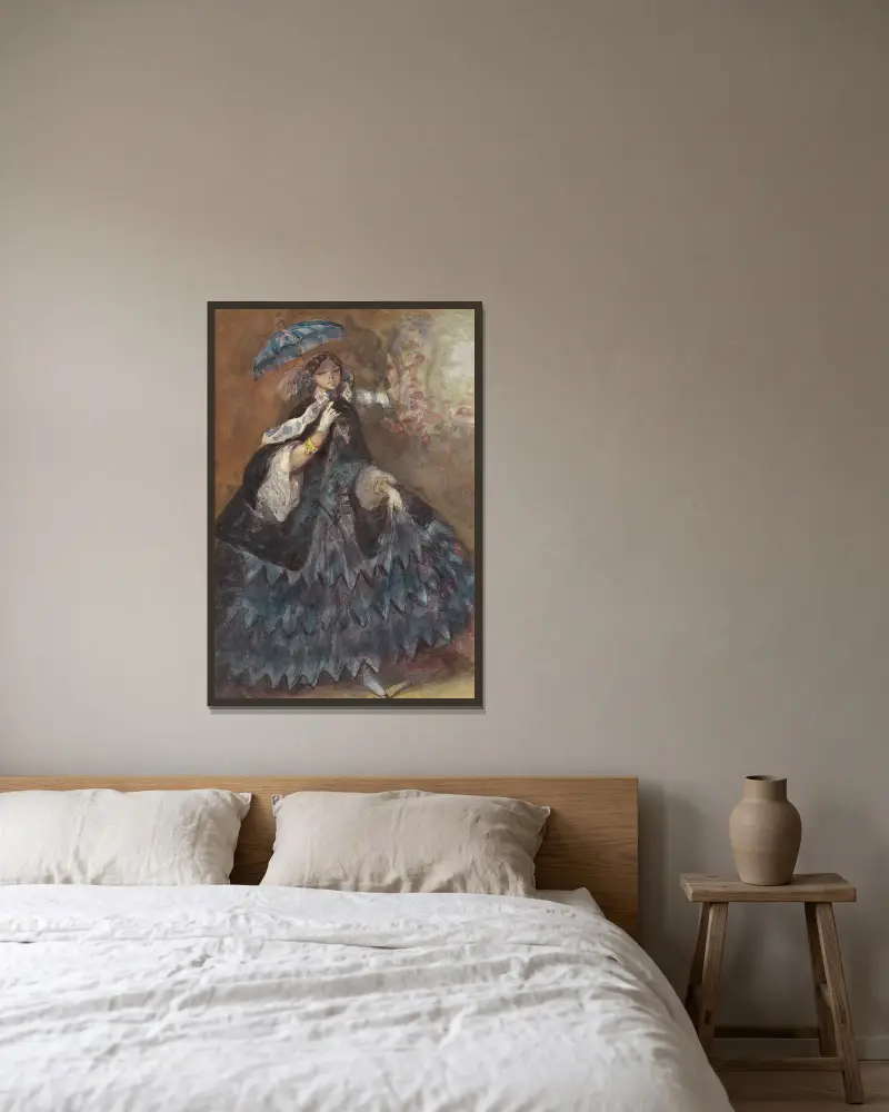 Frau mit Sonnenschirm von Constantin Guys gerahmt an einer Wand