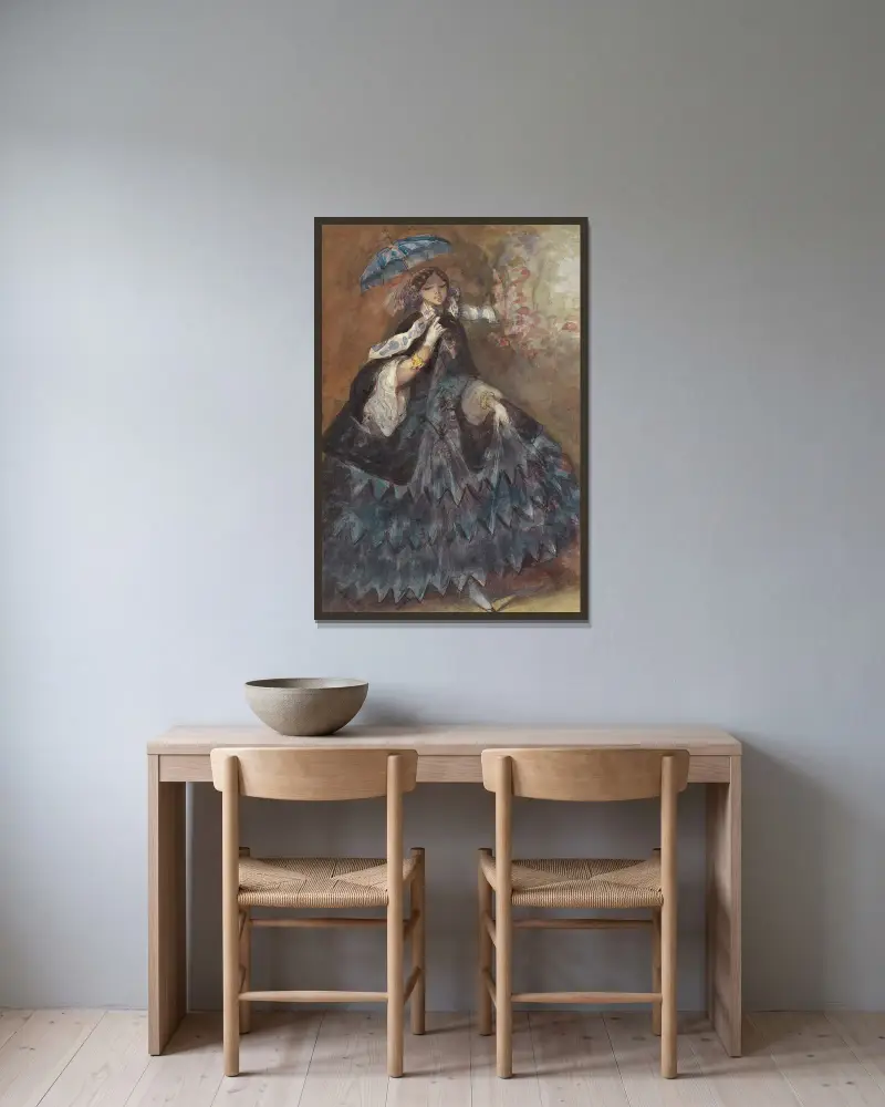 Frau mit Sonnenschirm von Constantin Guys gerahmt an einer Wand