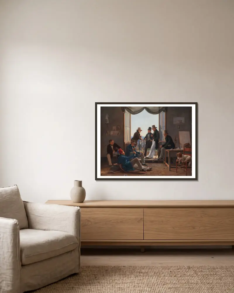 Eine Gruppe dänischer Künstler in Rom von Constantin Hansen gerahmt an einer Wand