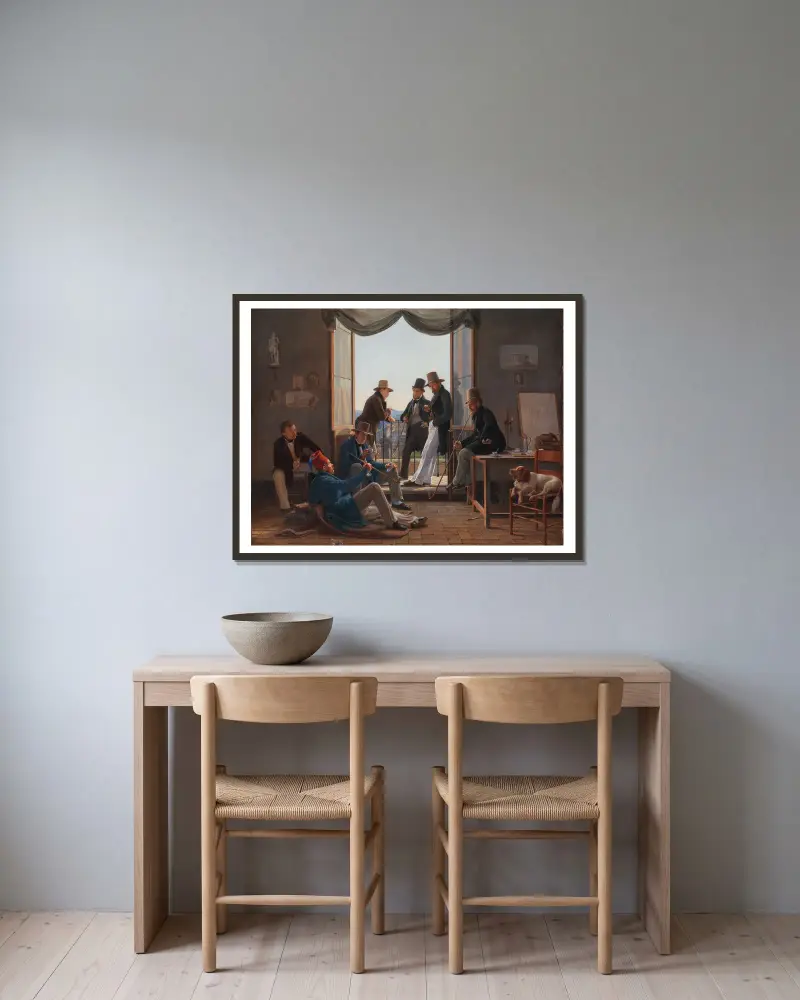 Eine Gruppe dänischer Künstler in Rom von Constantin Hansen gerahmt an einer Wand