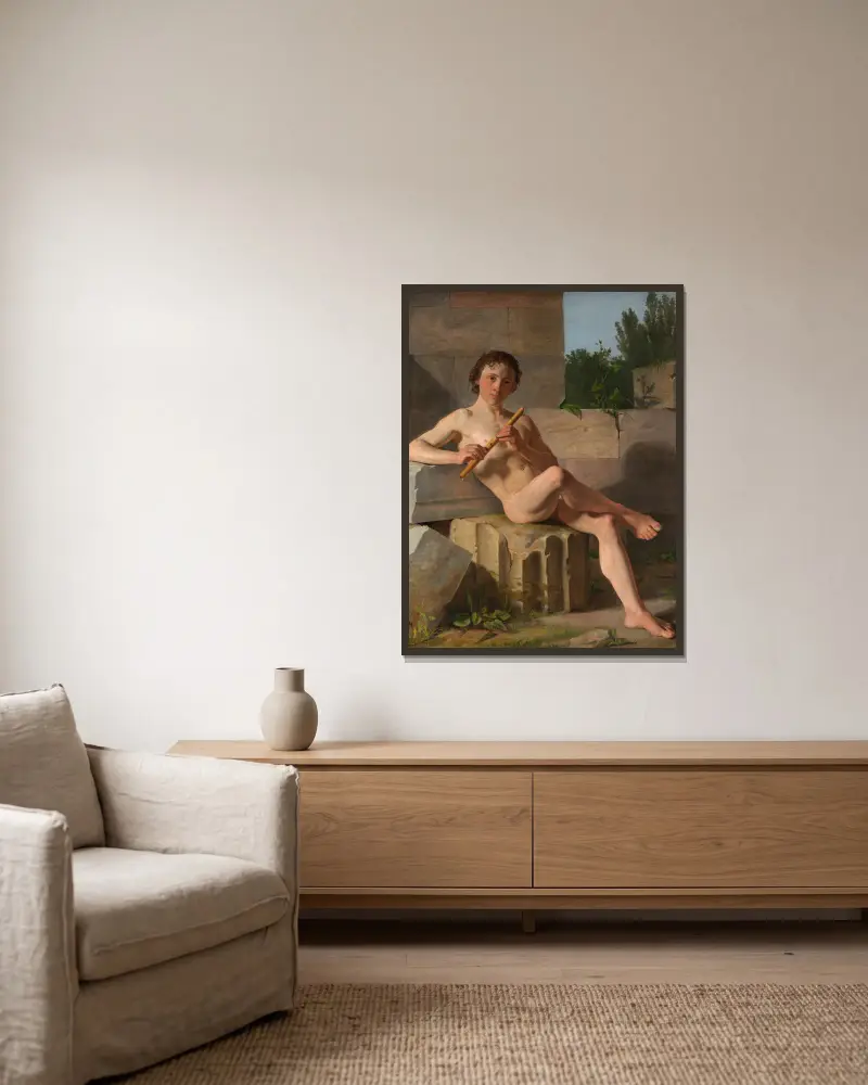 Ein männliches Modell, Flöte spielend von Constantin Hansen gerahmt an einer Wand