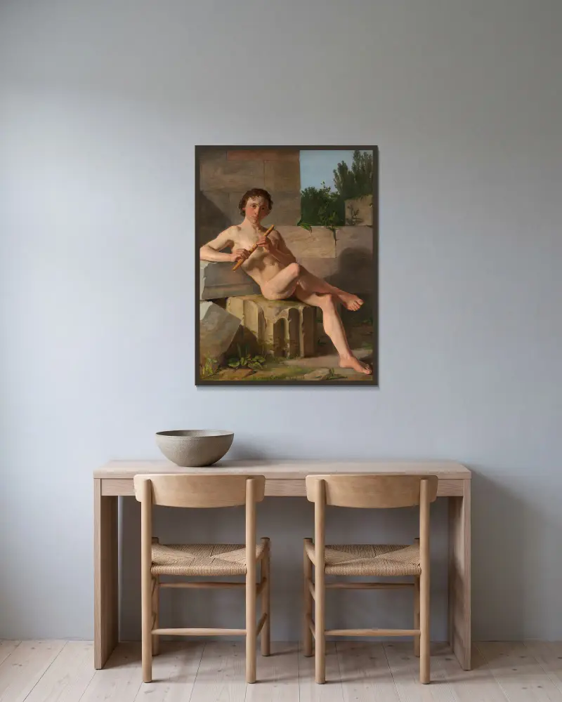 Ein männliches Modell, Flöte spielend von Constantin Hansen gerahmt an einer Wand
