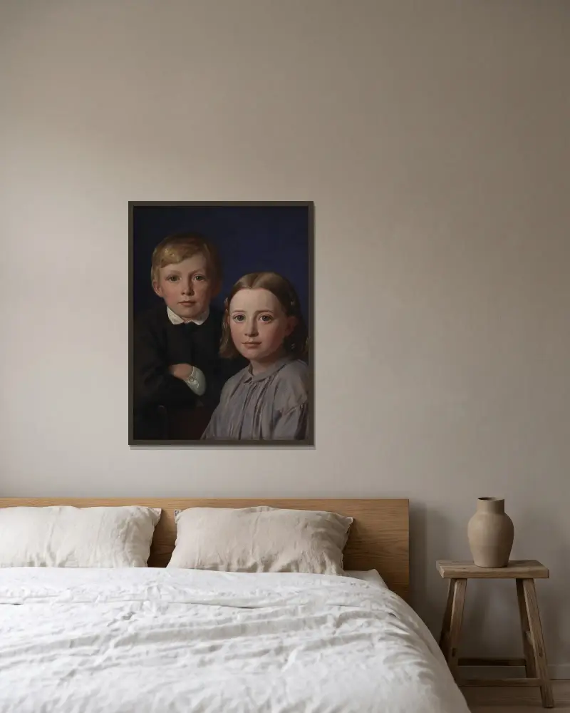Jens Simmelkær Asmussen og Katrine Asmussen som børn av Constantin Hansen inramad på en vägg