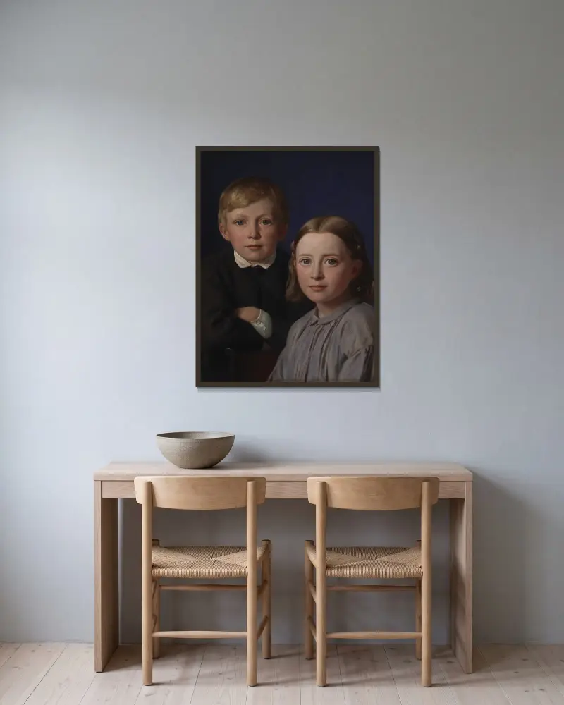 Jens Simmelkær Asmussen og Katrine Asmussen som børn av Constantin Hansen inramad på en vägg