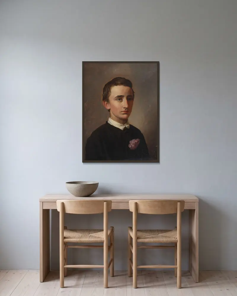 Portræt af senere adjunkt og cand.polyt. August Weis av Constantin Hansen inramad på en vägg