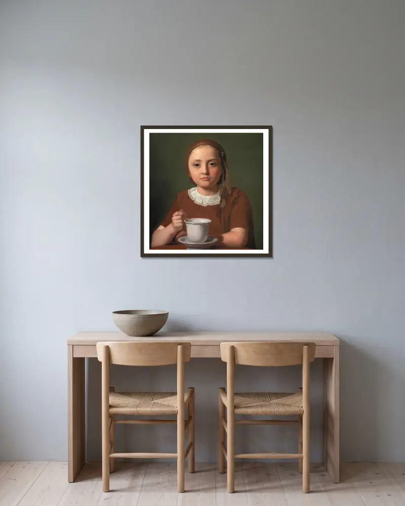 Portrait of a Little Girl, Elise Købke, with a Cup in front of her av Constantin Hansen inramad på en vägg