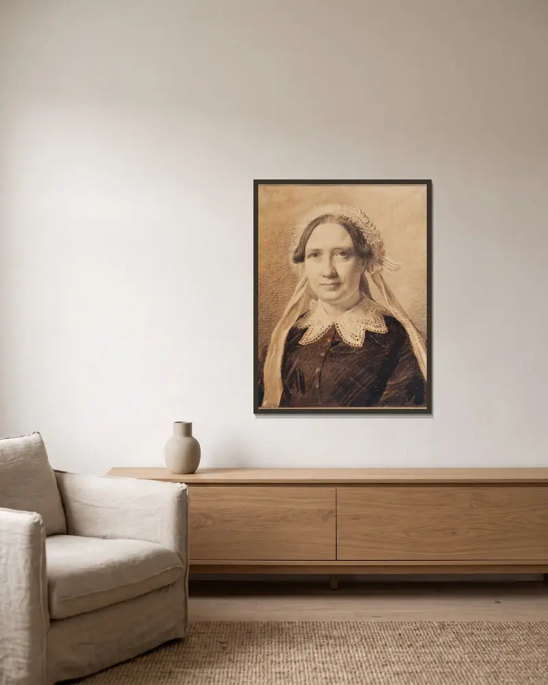 Portrait of Frederikke Vilhelmine Hage, born Faber av Constantin Hansen inramad på en vägg