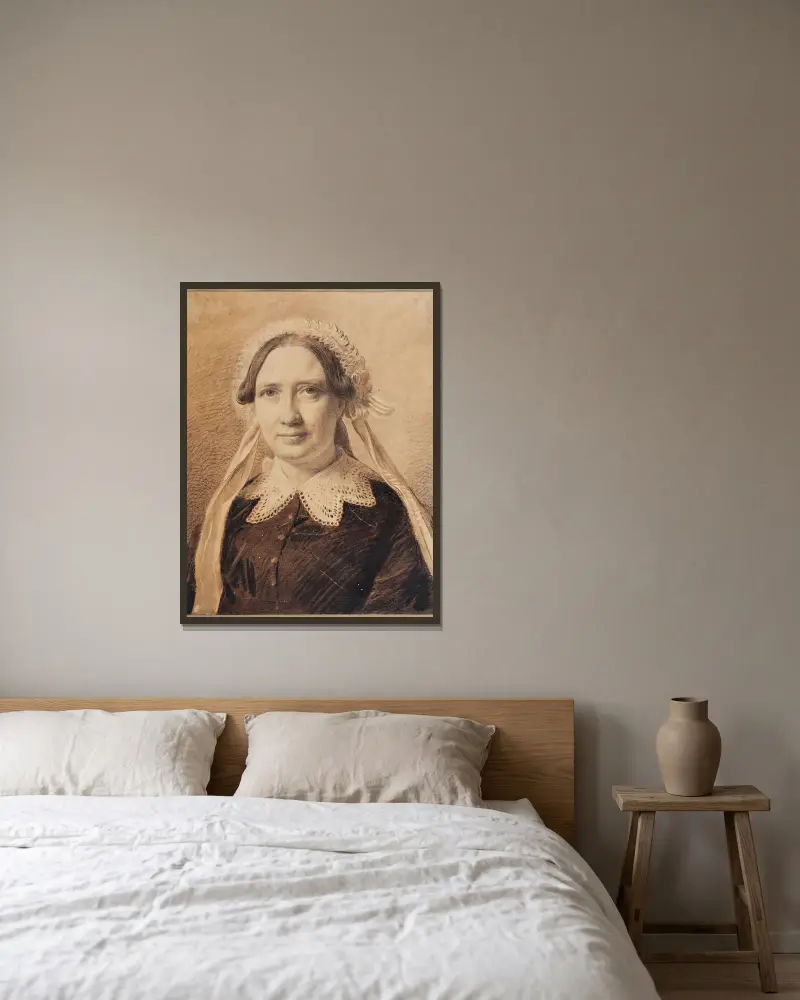 Portrait of Frederikke Vilhelmine Hage, born Faber av Constantin Hansen inramad på en vägg