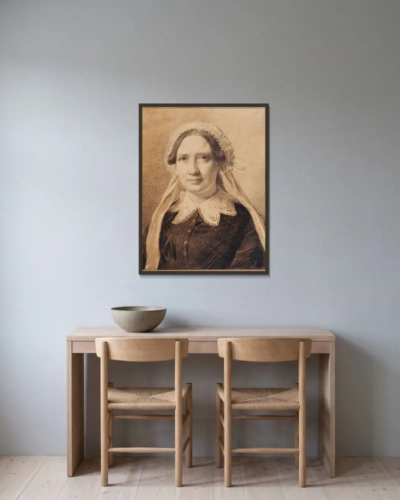 Portrait of Frederikke Vilhelmine Hage, born Faber av Constantin Hansen inramad på en vägg