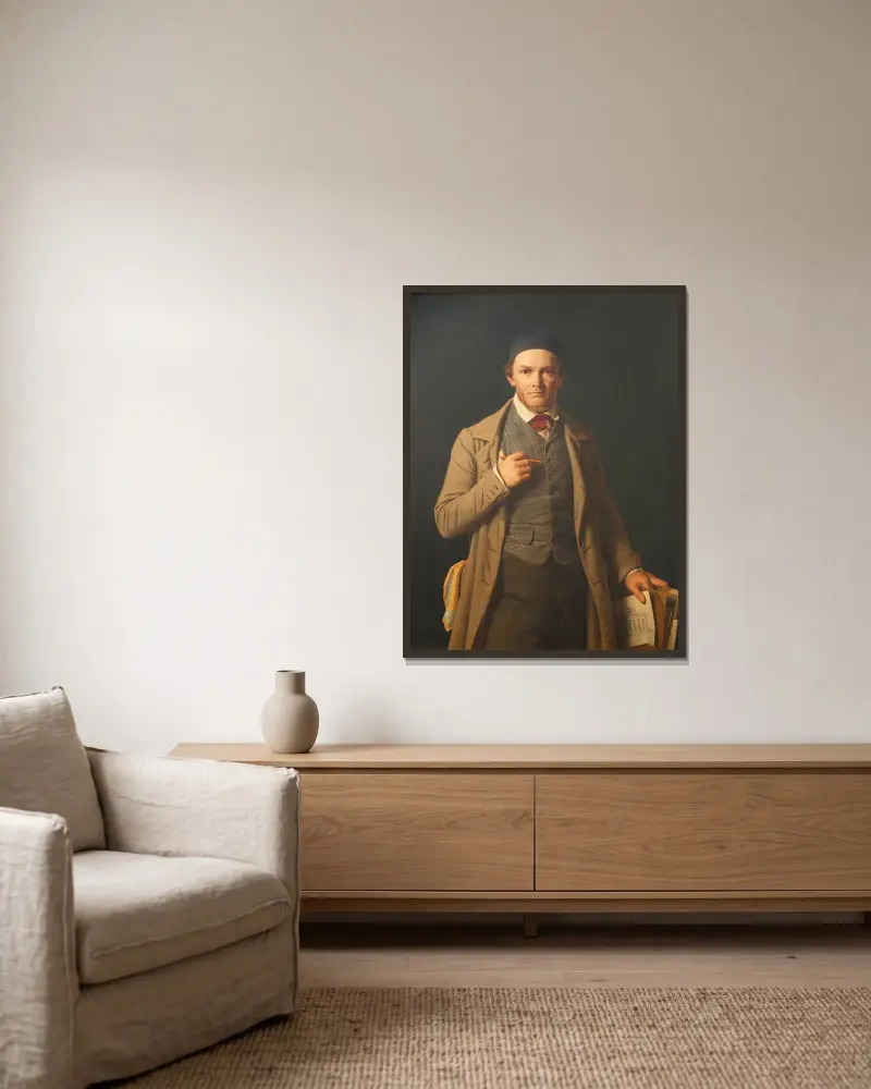 Porträtt av Gottlieb Bindesbøll av Constantin Hansen inramad på en vägg