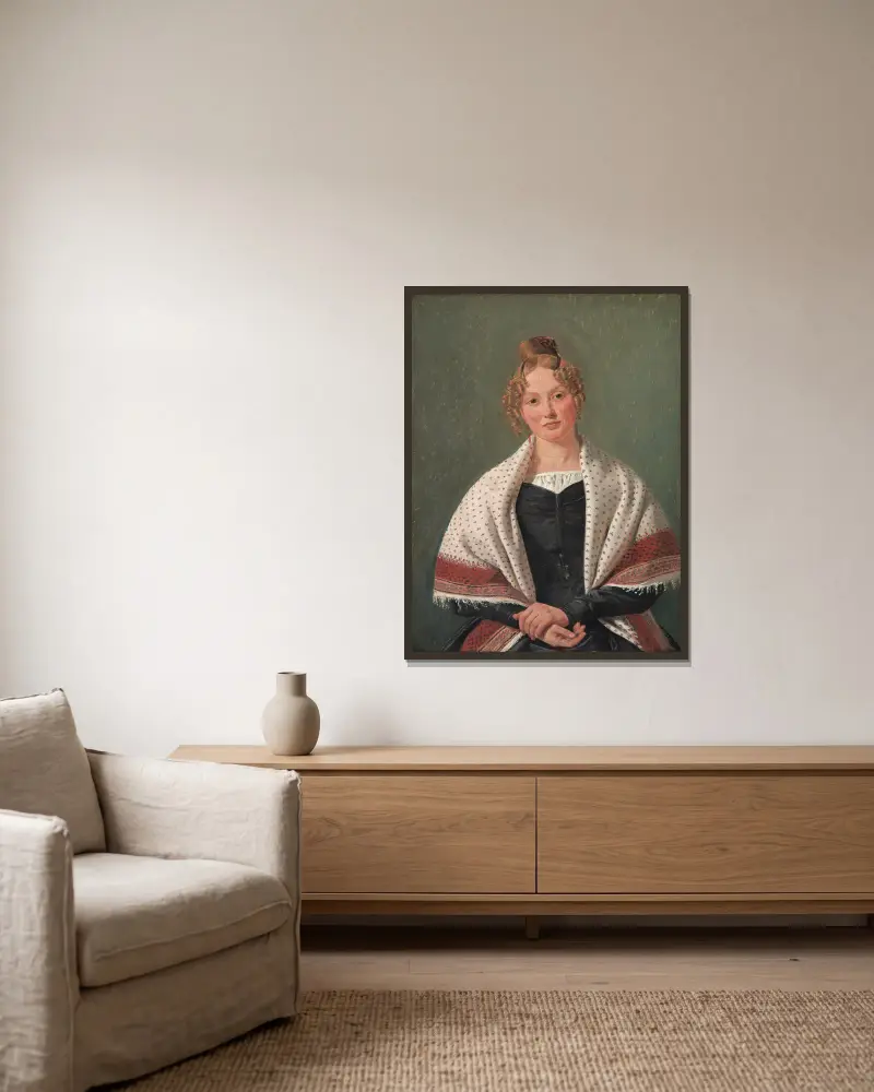 Portrait of Hanne Wanscher, née Wegener av Constantin Hansen inramad på en vägg