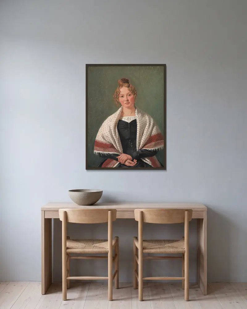 Portrait of Hanne Wanscher, née Wegener av Constantin Hansen inramad på en vägg