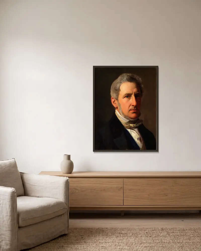 Portrait of the squire Alfred Hage (1803-1872) av Constantin Hansen inramad på en vägg