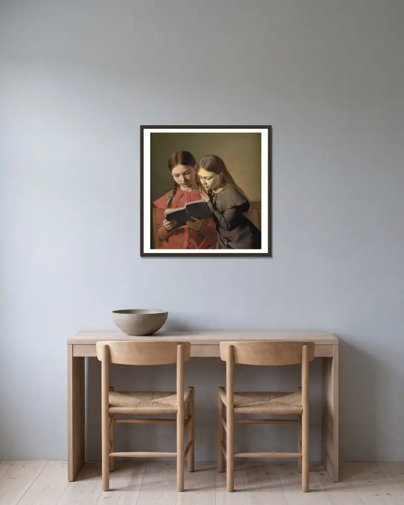 Konstnärens systrar Signe och Henriette läsande en bok av Constantin Hansen inramad på en vägg