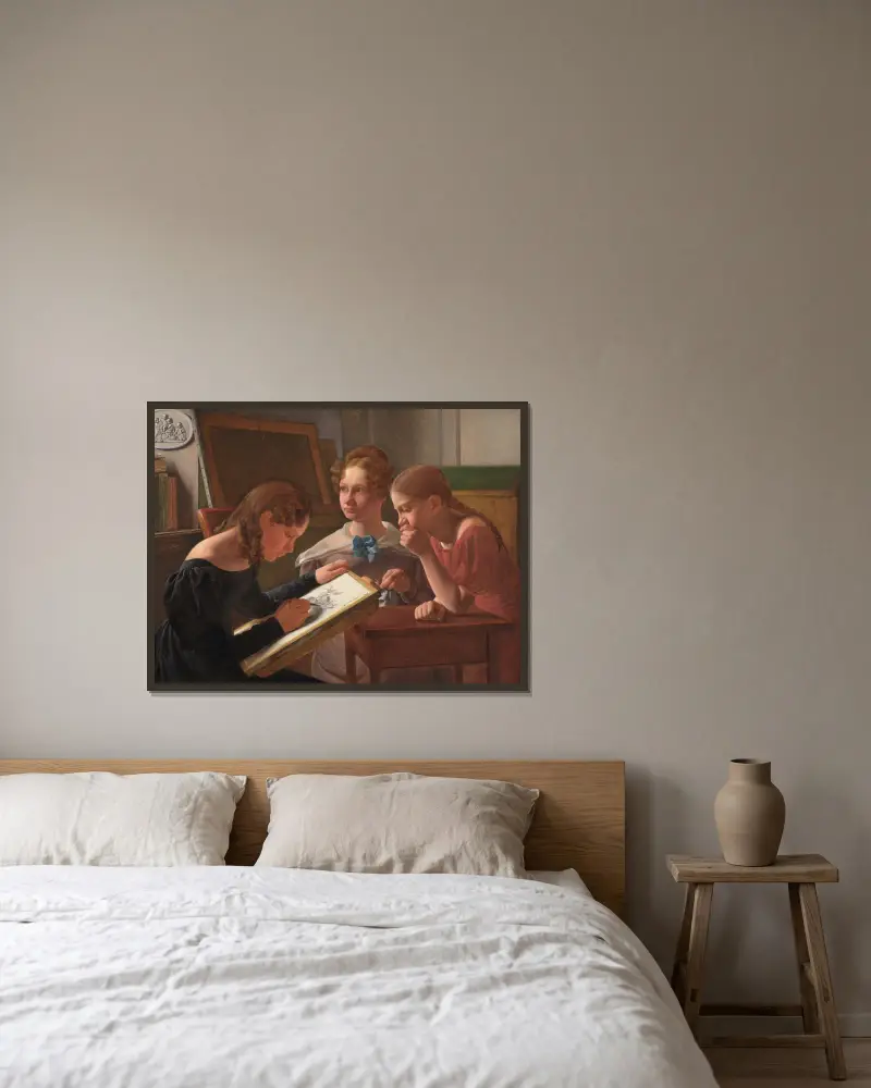 Tre unga flickor. Konstnärens systrar; Alvilde, Ida och Henriette av Constantin Hansen inramad på en vägg