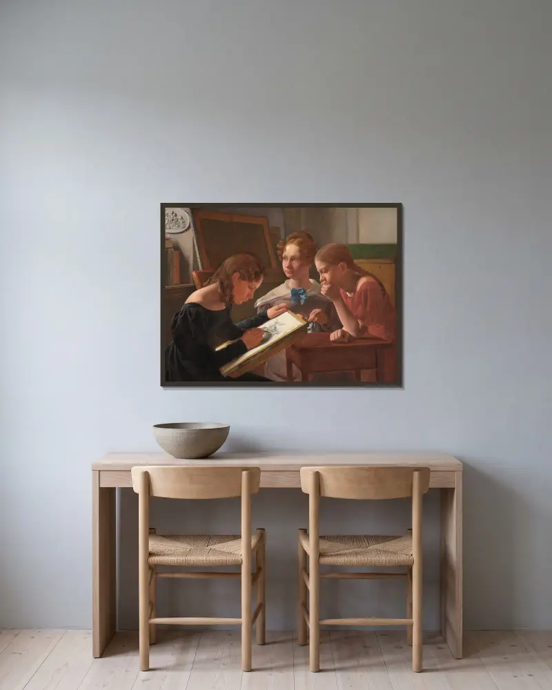 Tre unga flickor. Konstnärens systrar; Alvilde, Ida och Henriette av Constantin Hansen inramad på en vägg