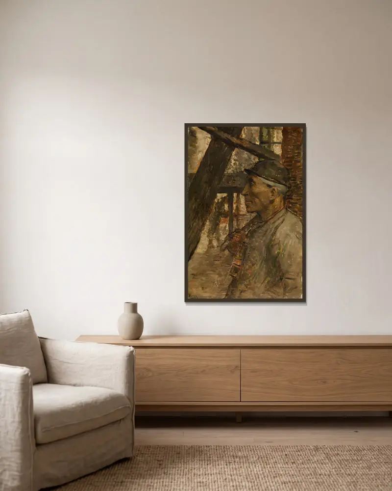 Grubenarbeiter mit Sicherheitslampe von Constantin Meunier gerahmt an einer Wand