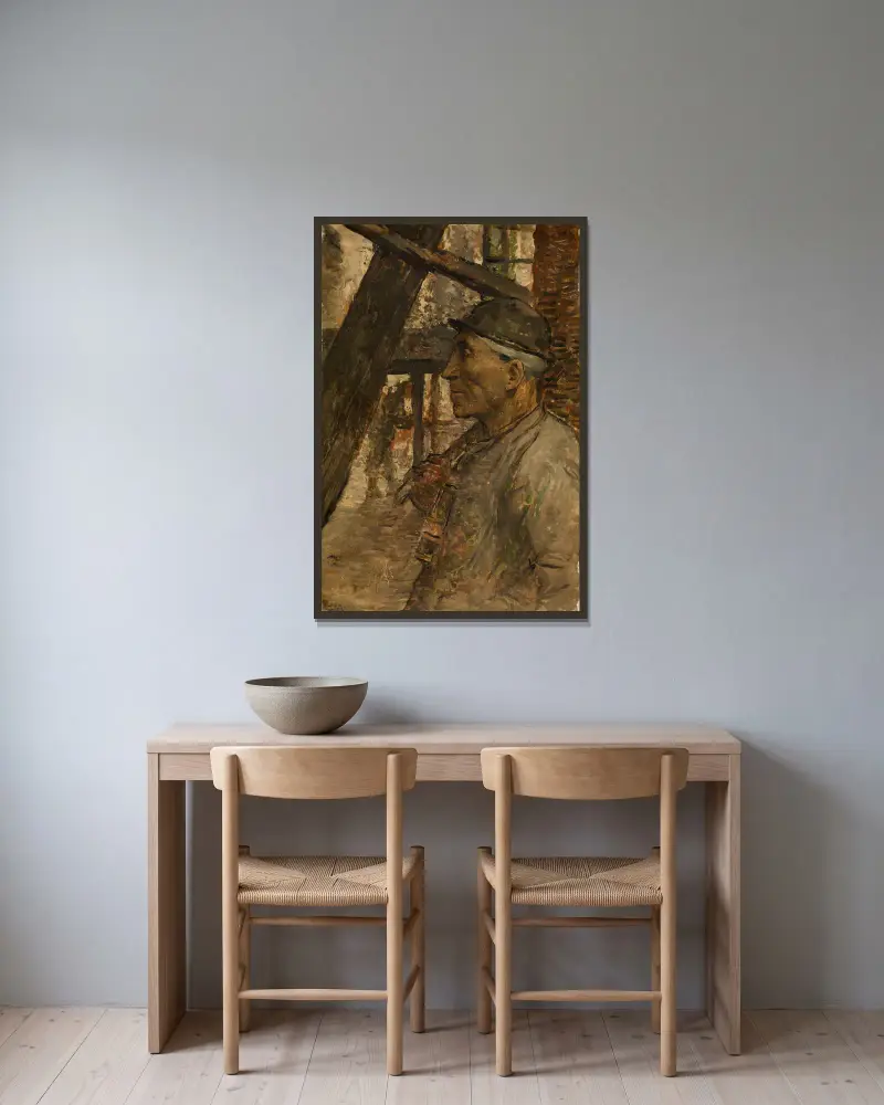 Grubenarbeiter mit Sicherheitslampe von Constantin Meunier gerahmt an einer Wand