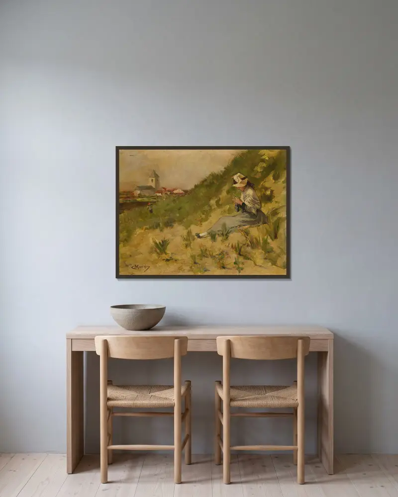 Meisje in de duinen te Mariakerke av Constantin Meunier inramad på en vägg