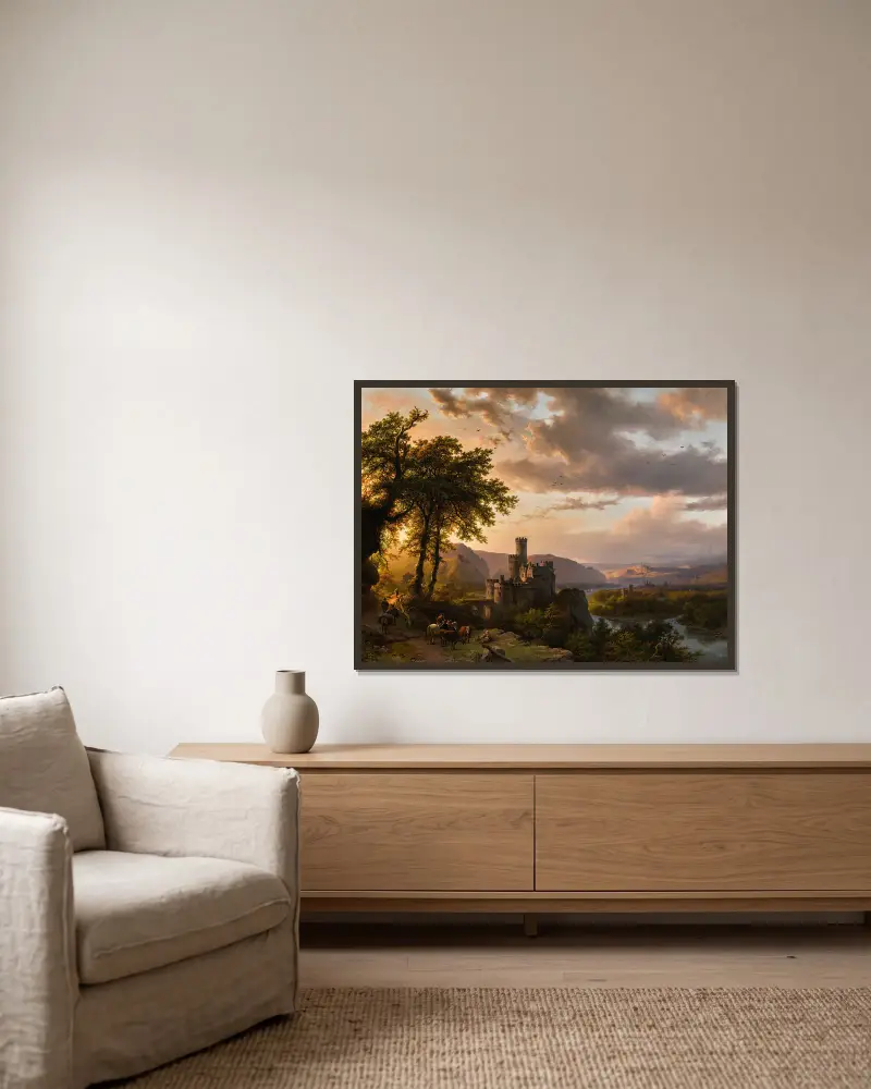 Hügelige Landschaft mit Schloss und Reisenden auf einem Pfad von Barend Cornelis Koekkoek gerahmt an einer Wand