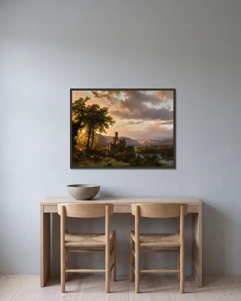 Hügelige Landschaft mit Schloss und Reisenden auf einem Pfad von Barend Cornelis Koekkoek gerahmt an einer Wand