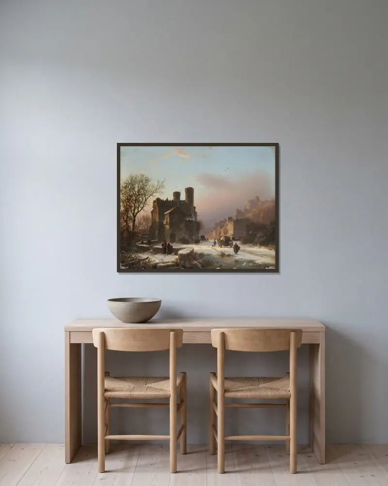 Vinterlandskap med figurer nära en by av Barend Cornelis Koekkoek inramad på en vägg