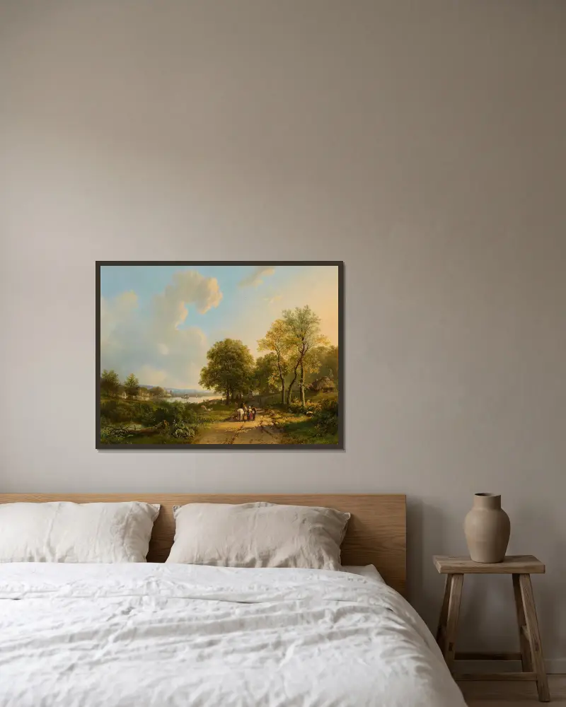 Flusslandschaft mit Reiter und Wanderern av Barend Cornelis Koekkoek inramad på en vägg