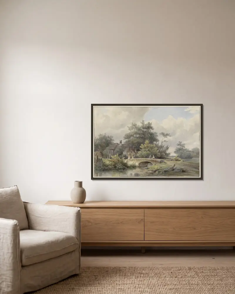 Landschap met stenen brug bij een huis av Barend Cornelis Koekkoek inramad på en vägg