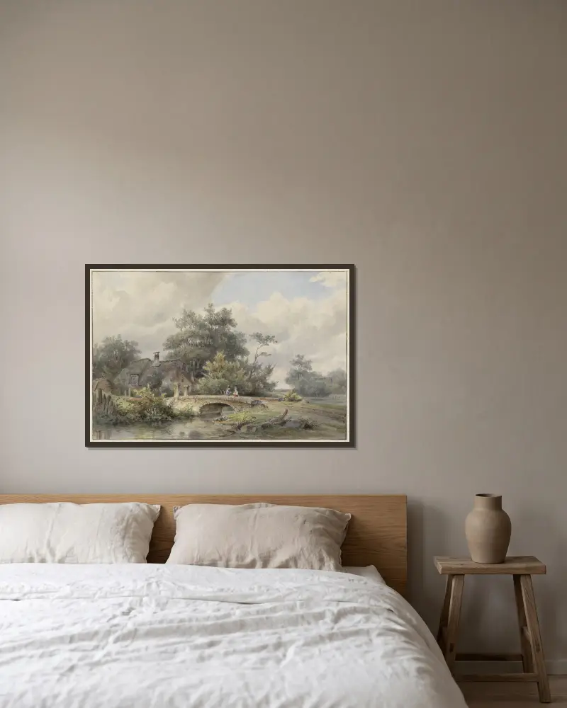 Landschap met stenen brug bij een huis av Barend Cornelis Koekkoek inramad på en vägg