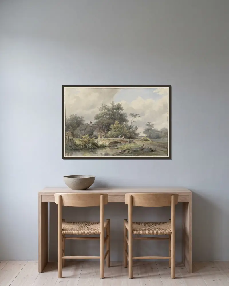 Landschap met stenen brug bij een huis av Barend Cornelis Koekkoek inramad på en vägg