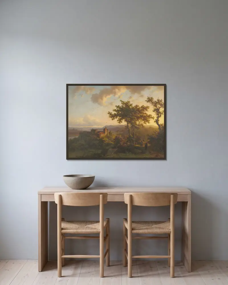Paysage boisé avec un château av Barend Cornelis Koekkoek inramad på en vägg