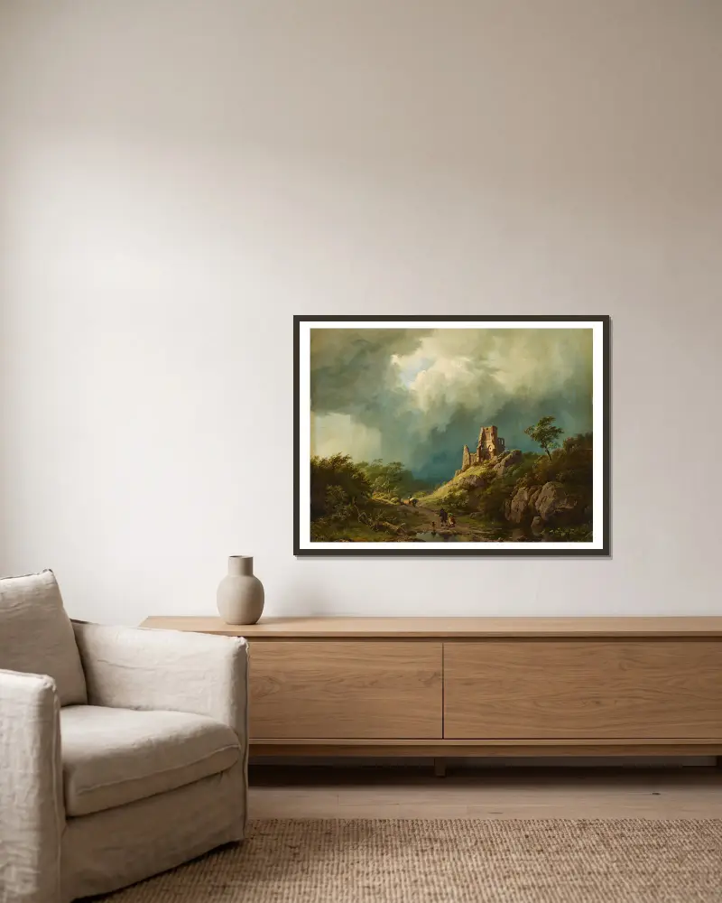 Travellers passing a ruined castle in a stormy landscape av Barend Cornelis Koekkoek inramad på en vägg