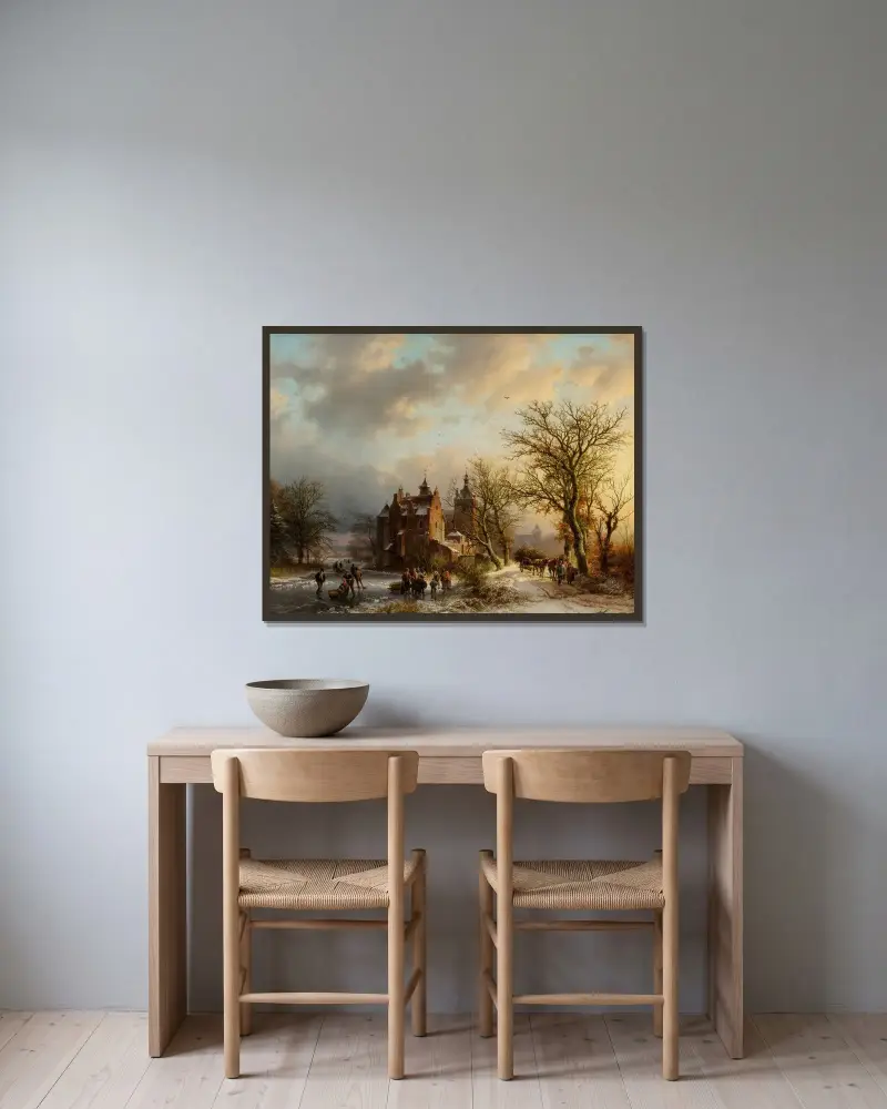 Vinterlandskap med vedplockare och skridskoåkare av Barend Cornelis Koekkoek inramad på en vägg