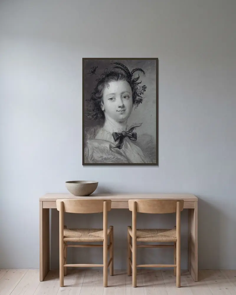 Ung kvinna som sommarpersonifiering av Cornelis Troost inramad på en vägg
