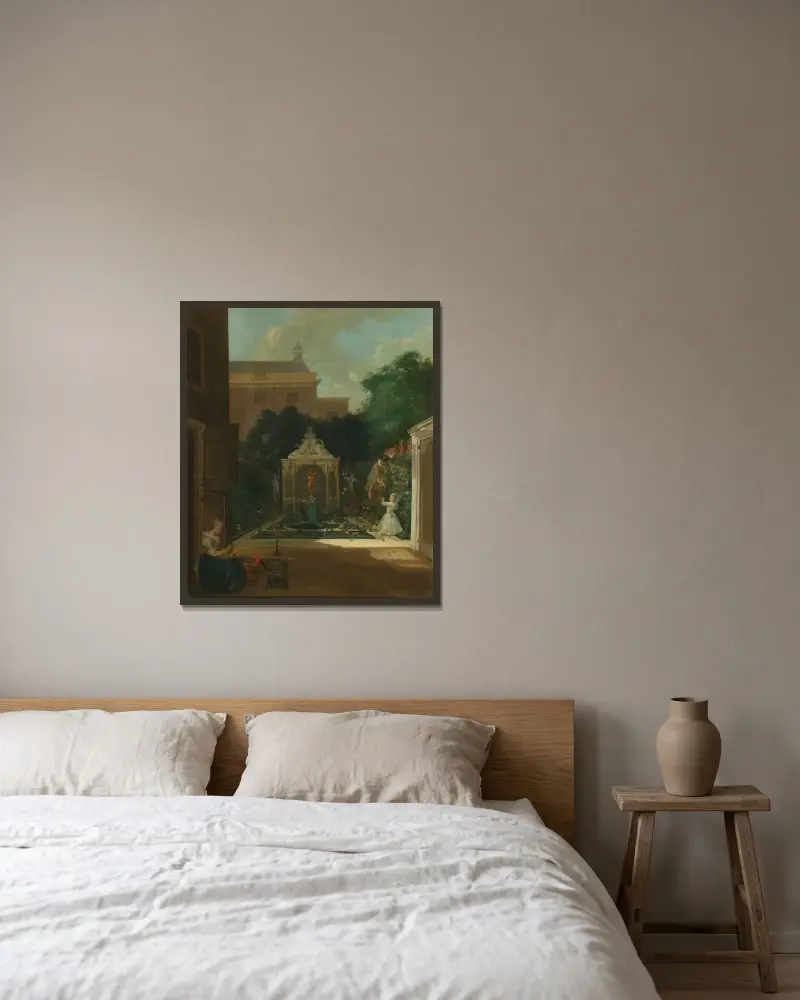 En amsterdamsk kanalhussträdgård av Cornelis Troost inramad på en vägg