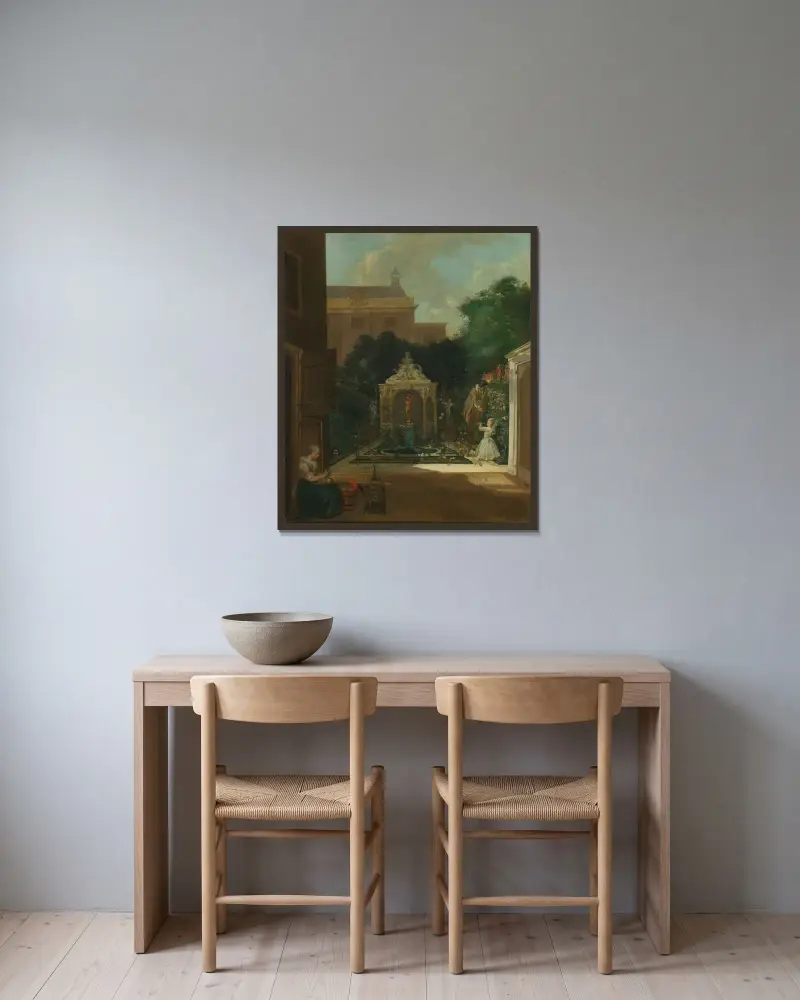 En amsterdamsk kanalhussträdgård av Cornelis Troost inramad på en vägg