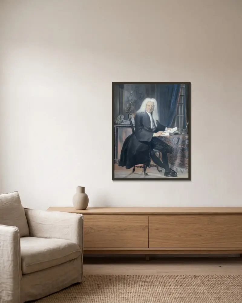 Carel Bouman (1673–1747), tobaksfaktor i Amsterdam och poet av Cornelis Troost inramad på en vägg
